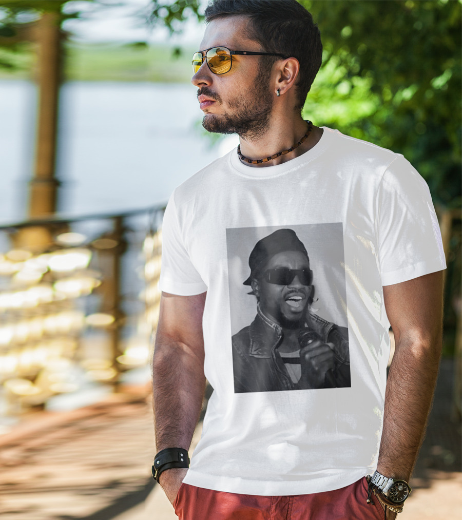 Ata Kak Iconic Ghanaian Musician Highlife Style Sunglasses Microphone Denim Jacket T-Shirt