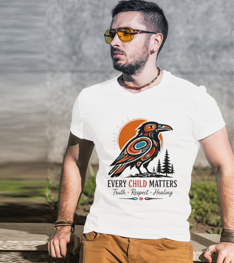 Every Child Matters Truth Respect Healing Raven With Sun And Trees T-Shirt