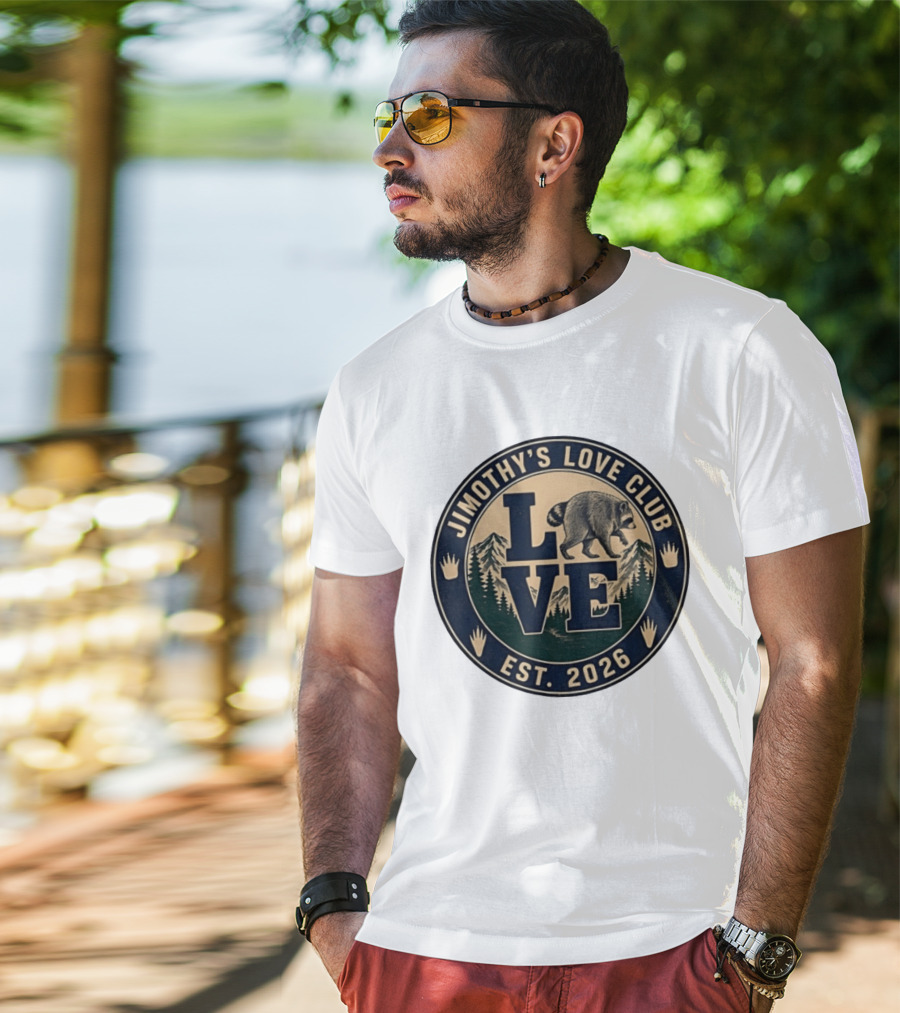 Jimothy's Love Club Raccoon Love Est 2026 Mountain Shield T-Shirt