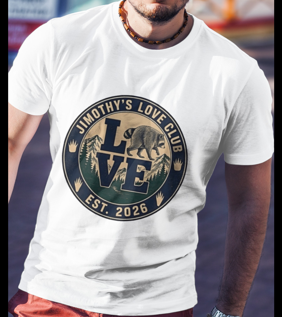 Jimothy's Love Club Raccoon Love Est 2026 Mountain Shield T-Shirt