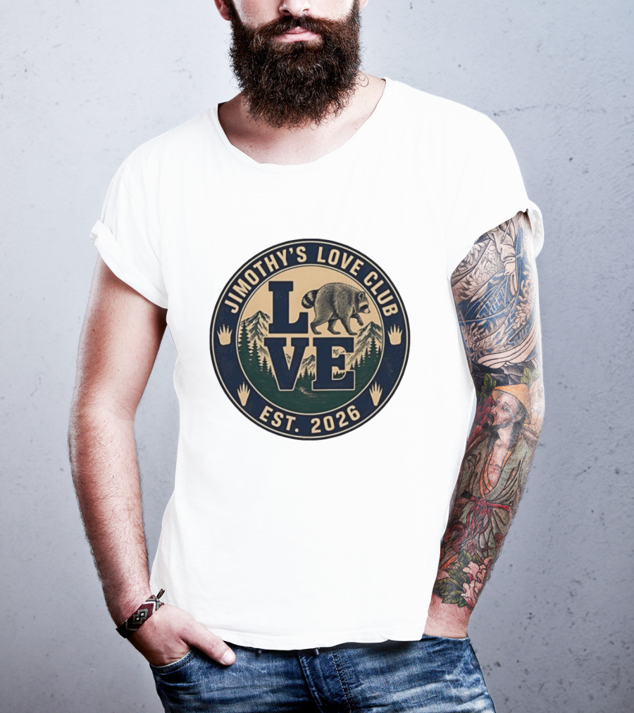 Jimothy's Love Club Raccoon Love Est 2026 Mountain Shield T-Shirt