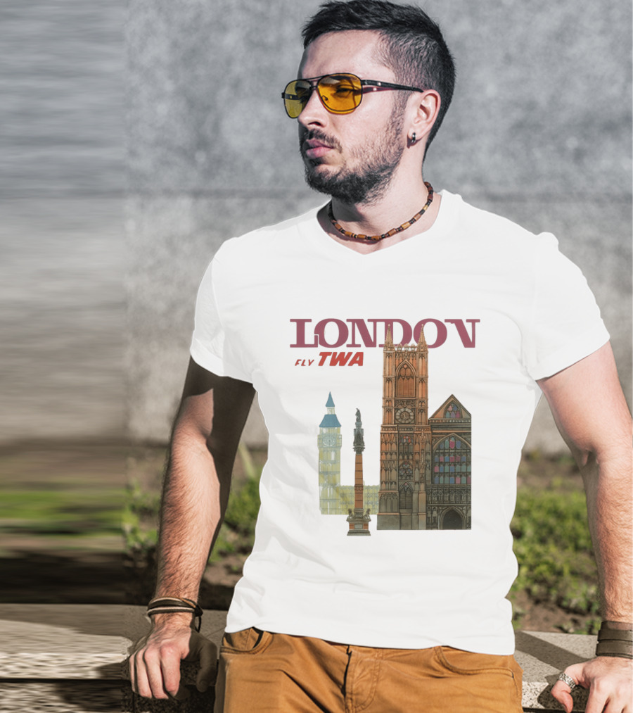 London Fly TWA Travel Big Ben Westminster Abbey Landmark T-Shirt