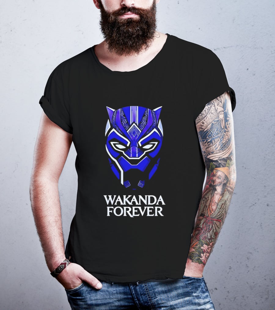 Wakanda Forever Blue Black Panther Mask Marvel T-Shirt