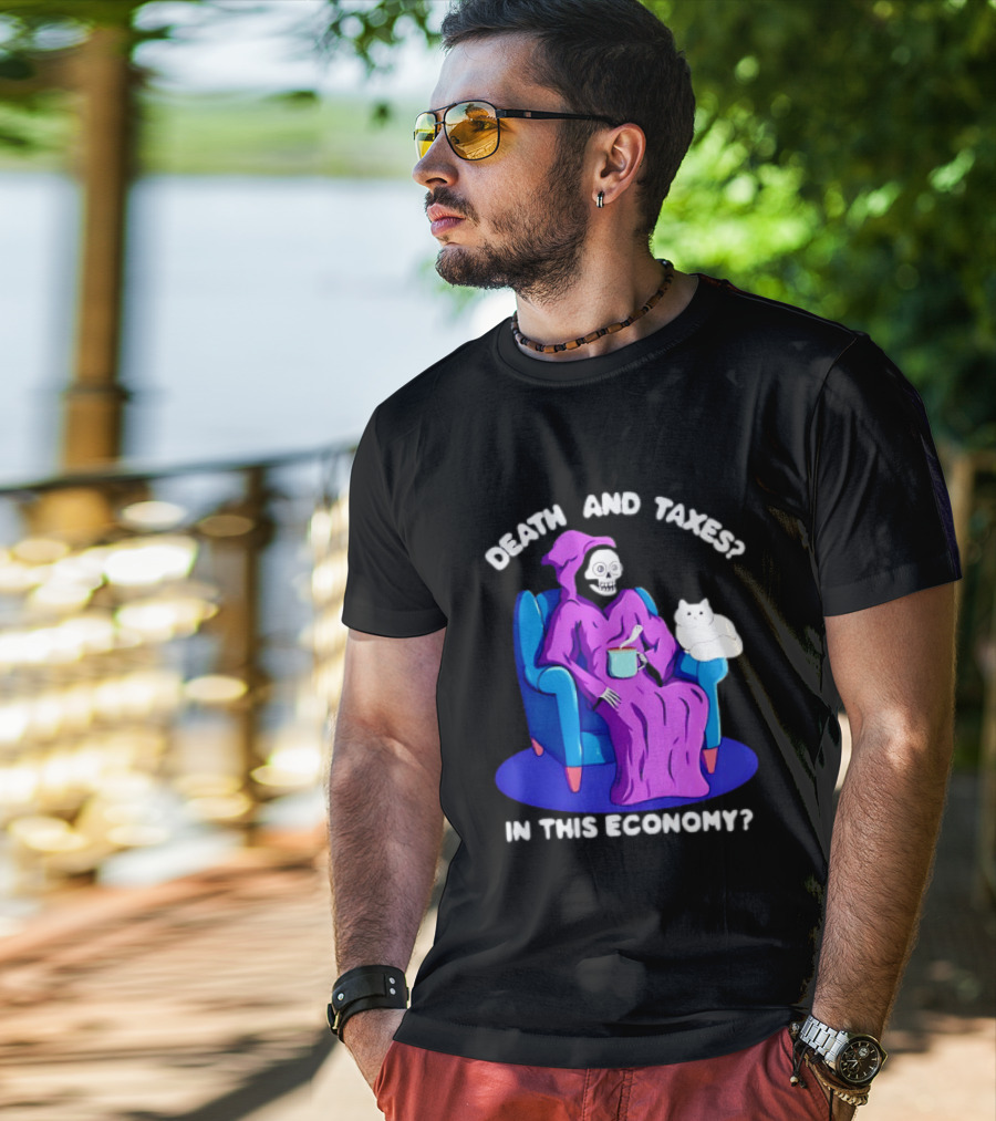 Death And Taxes Grim Reaper With Cat In This Economy T-Shirt