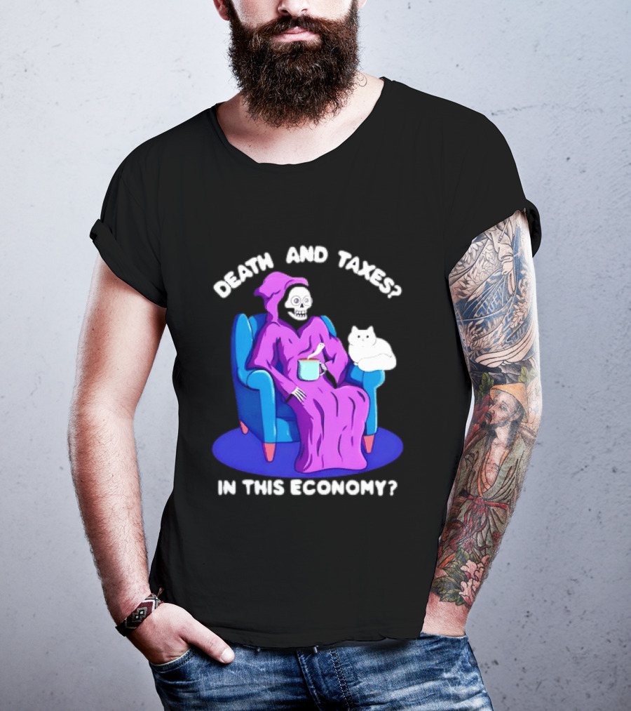 Death And Taxes Grim Reaper With Cat In This Economy T-Shirt