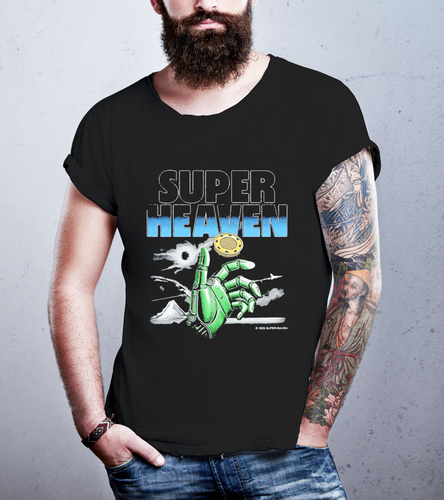 Superheaven Robotic Hand Space Adventure Coin And Mountain Scene T-Shirt