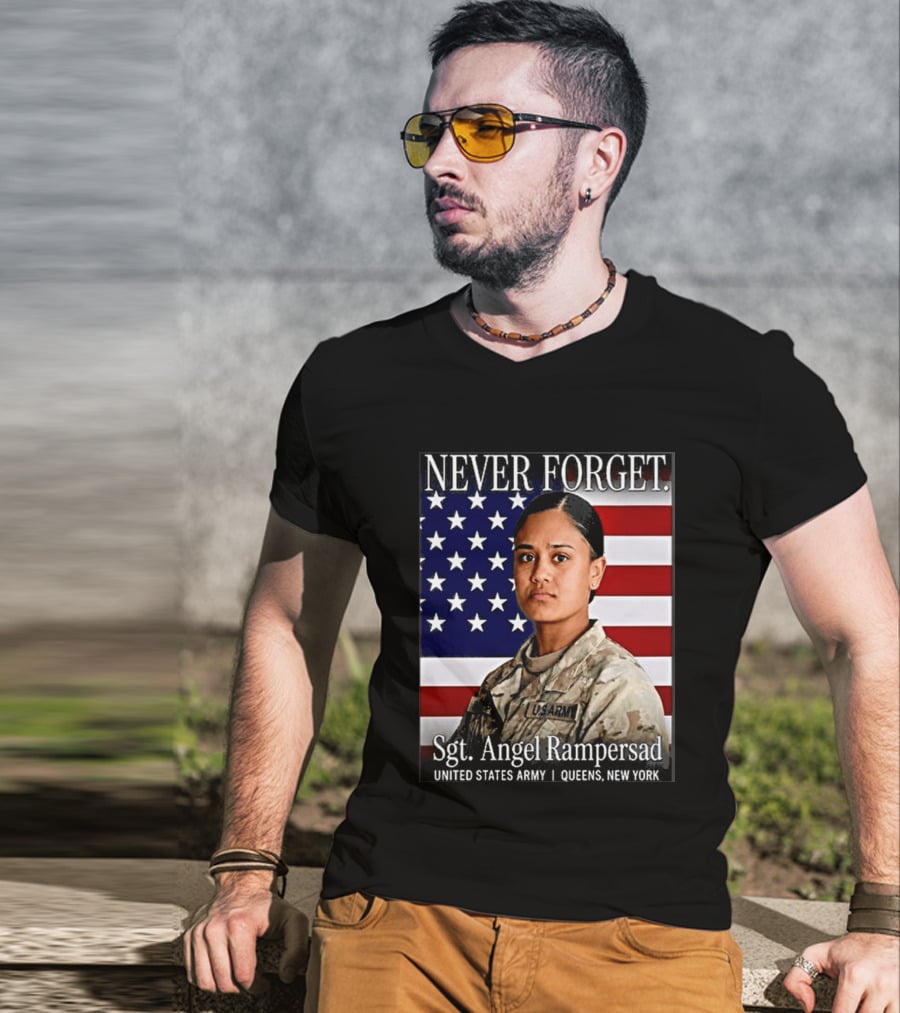Never Forget Sgt Angel Rampersad United States Army Queens New York American Flag T-Shirt