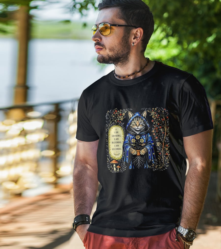 I Am Growing I Am Blooming I Am Becoming Wizard Cat Enchanted Blooms Nature Magic T-Shirt
