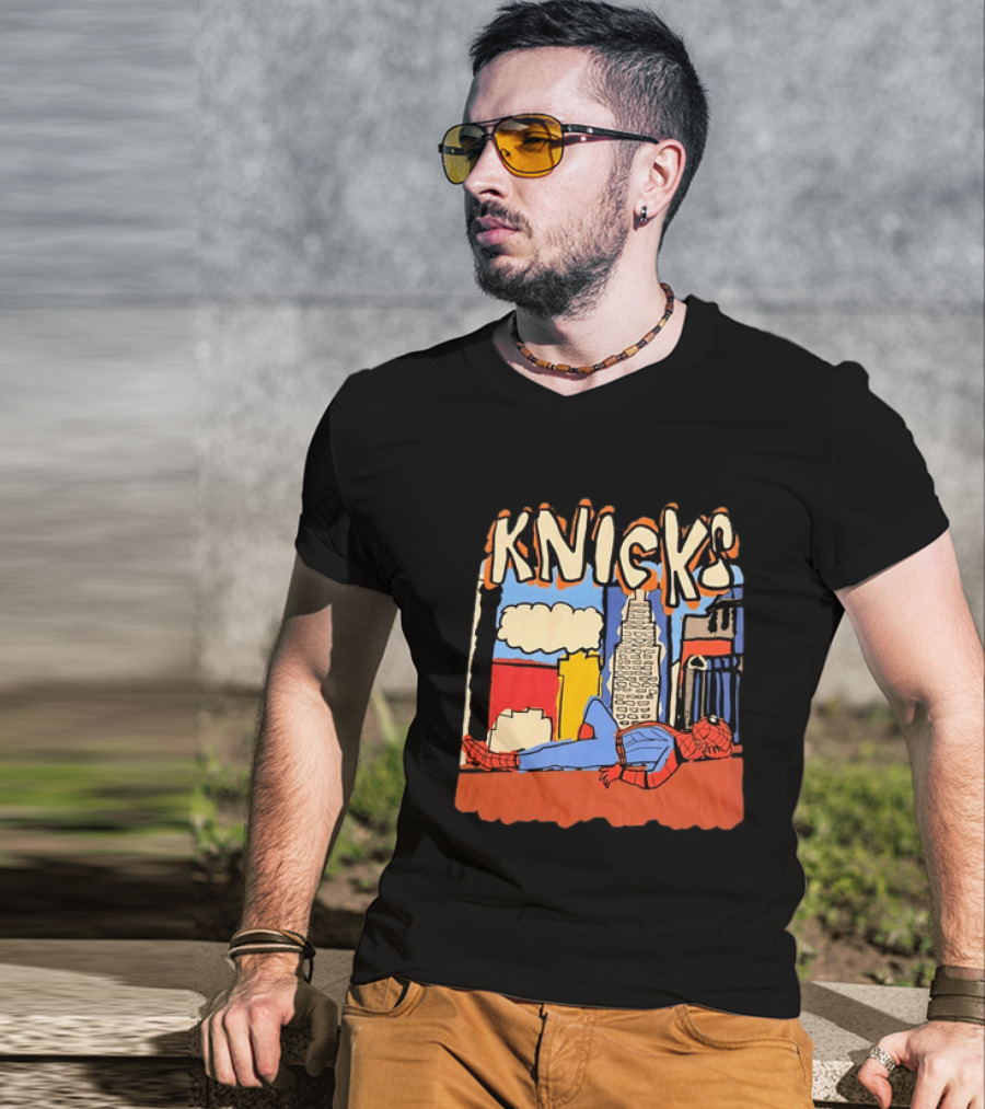 New York Knicks Spiderman Marvel NBA Basketball Skyline T-Shirt