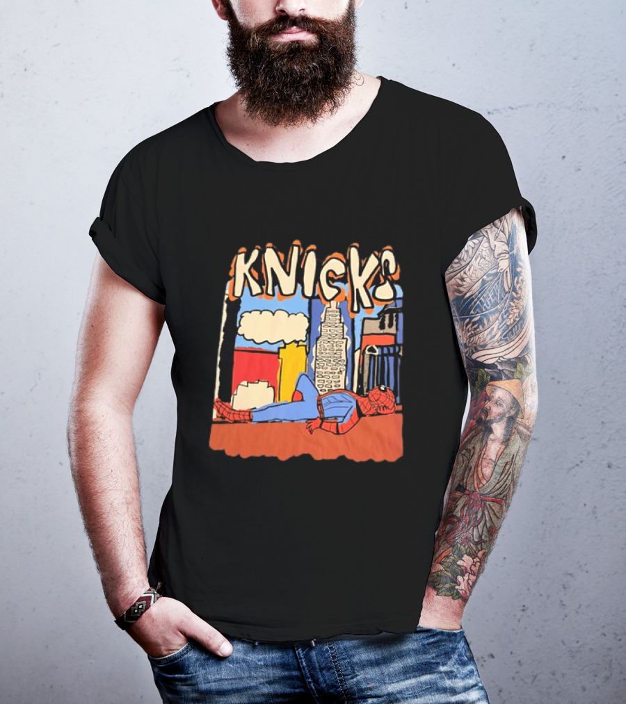 New York Knicks Spiderman Marvel NBA Basketball Skyline T-Shirt