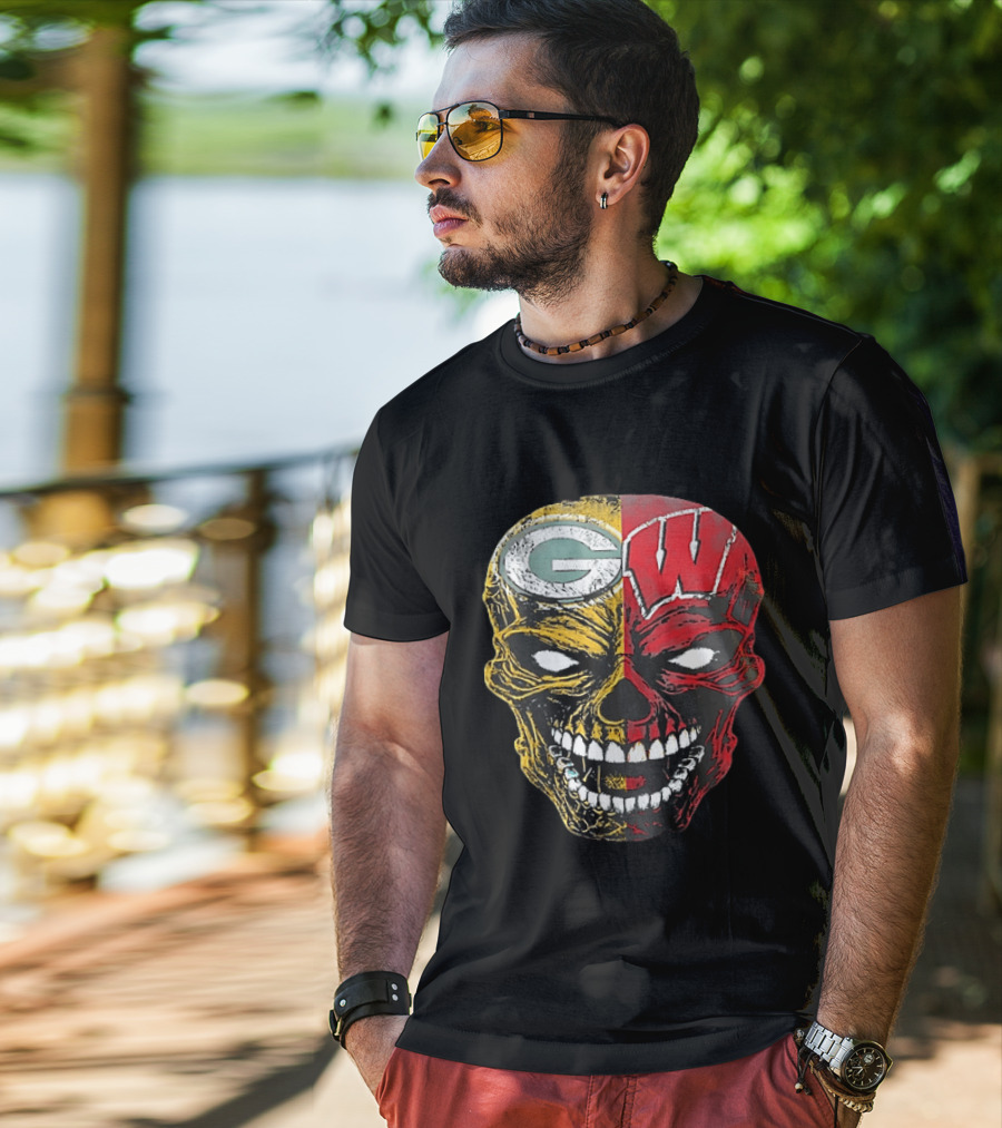Wisconsin Green Bay Packers Badgers G W Skull Black T-Shirt