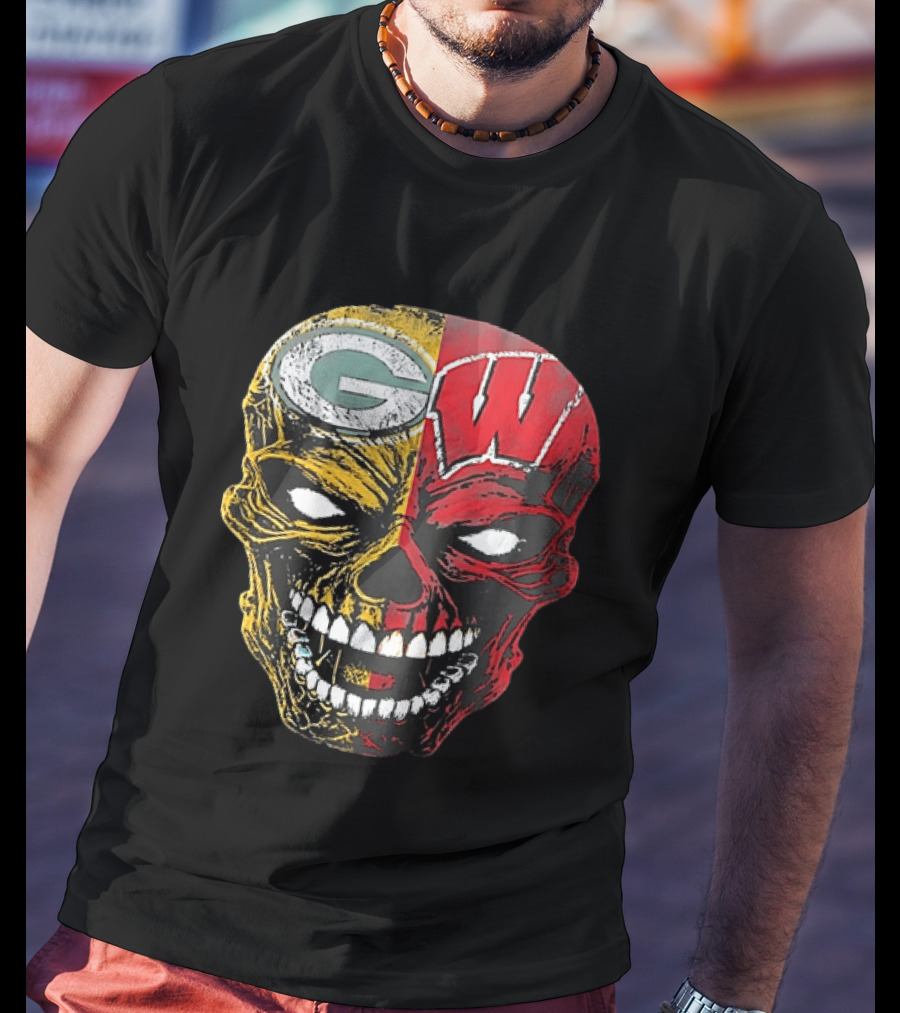 Wisconsin Green Bay Packers Badgers G W Skull Black T-Shirt