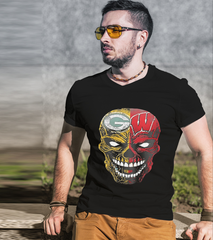 Wisconsin Green Bay Packers Badgers G W Skull Black T-Shirt