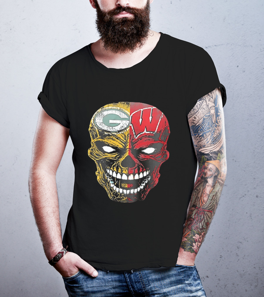 Wisconsin Green Bay Packers Badgers G W Skull Black T-Shirt