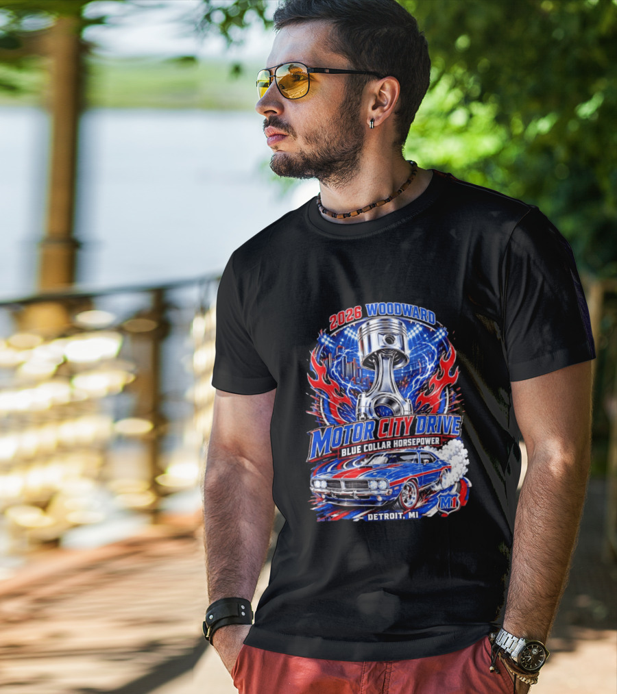 2026 Woodward Motor City Drive Blue Collar Horsepower Detroit MI M1 T-Shirt