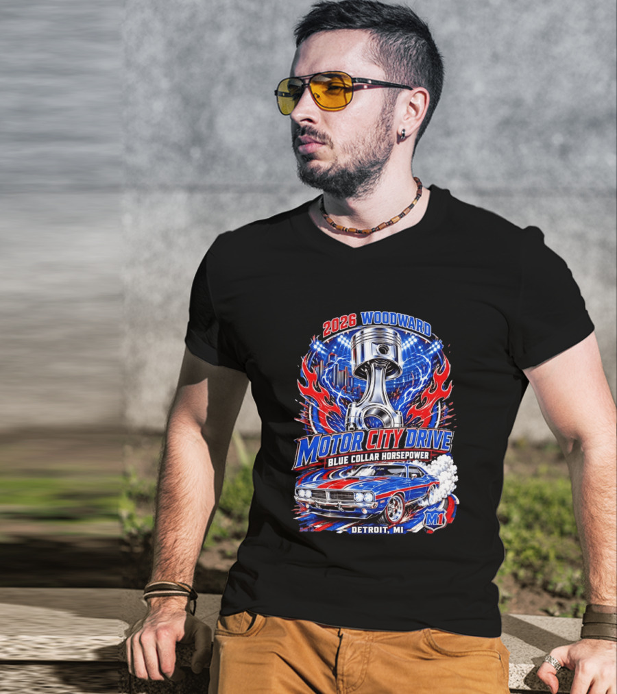 2026 Woodward Motor City Drive Blue Collar Horsepower Detroit MI M1 T-Shirt