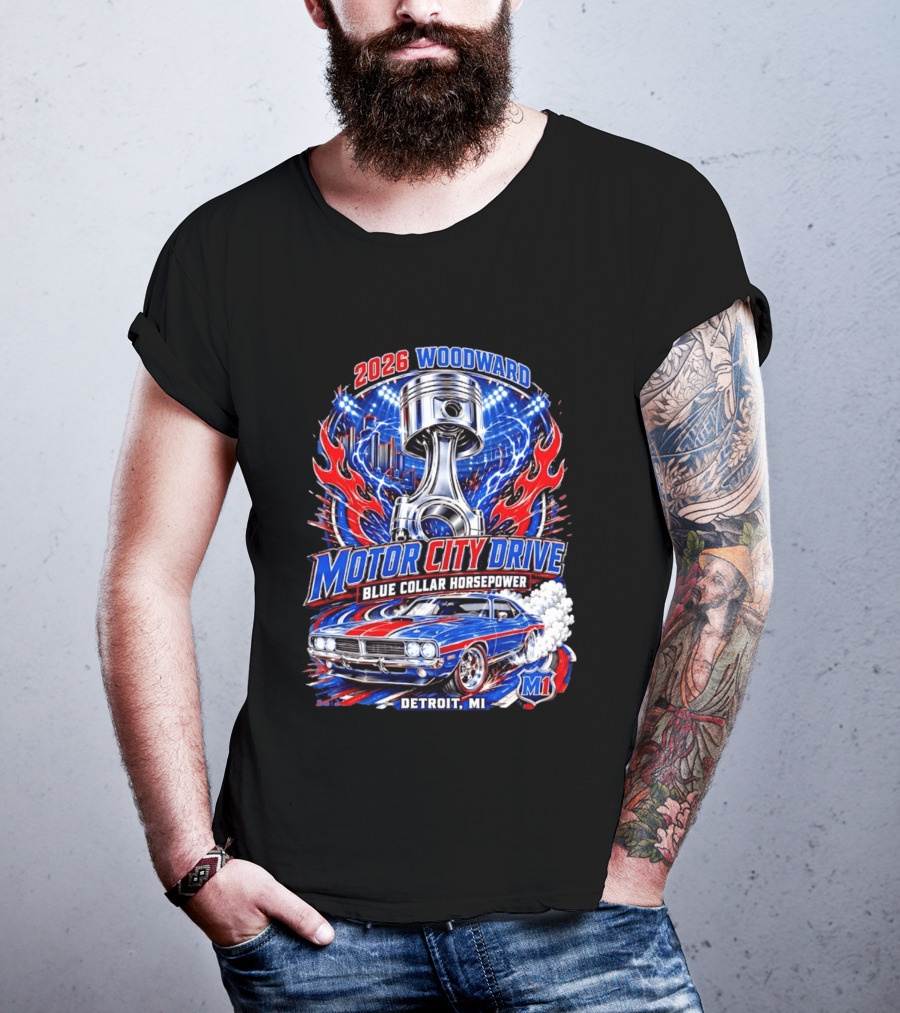2026 Woodward Motor City Drive Blue Collar Horsepower Detroit MI M1 T-Shirt