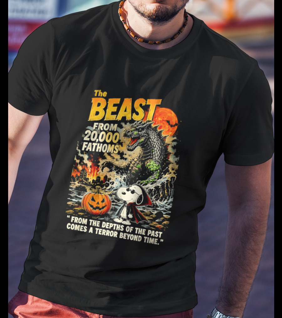 Snoopy And The Beast From 20000 Fathoms Halloween Pumpkin Terror T-Shirt