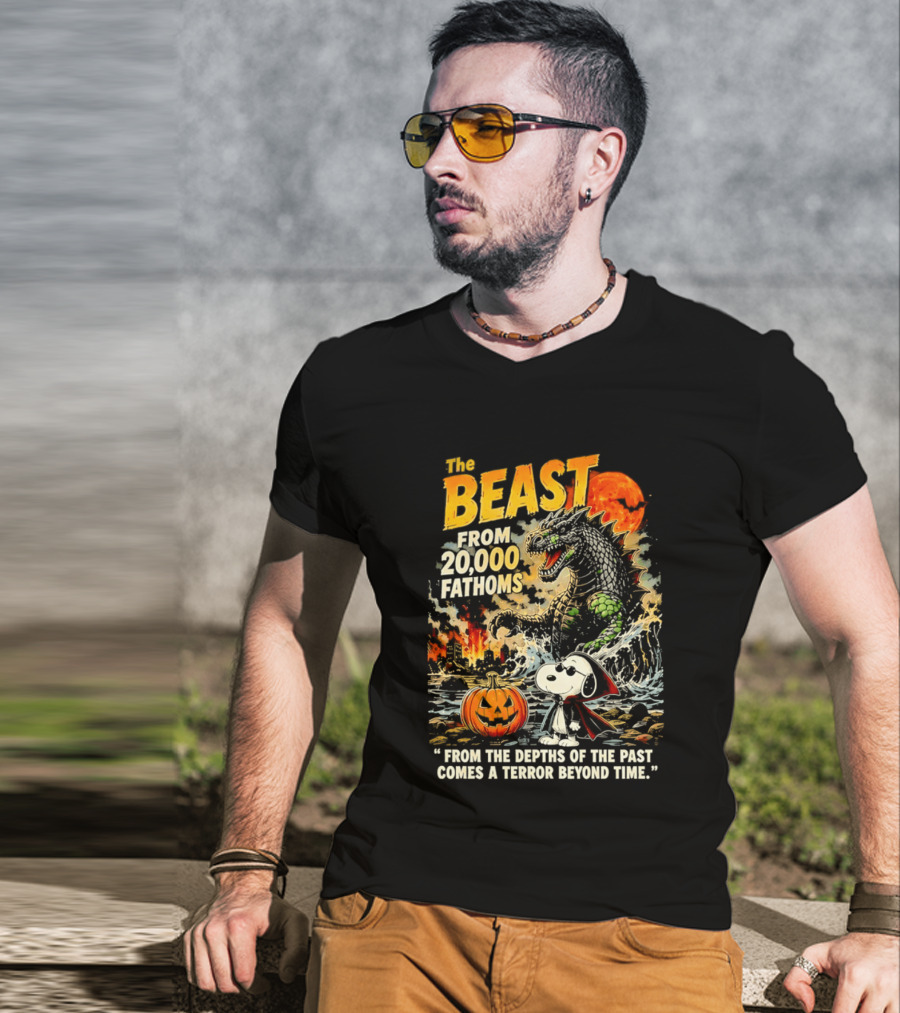 Snoopy And The Beast From 20000 Fathoms Halloween Pumpkin Terror T-Shirt