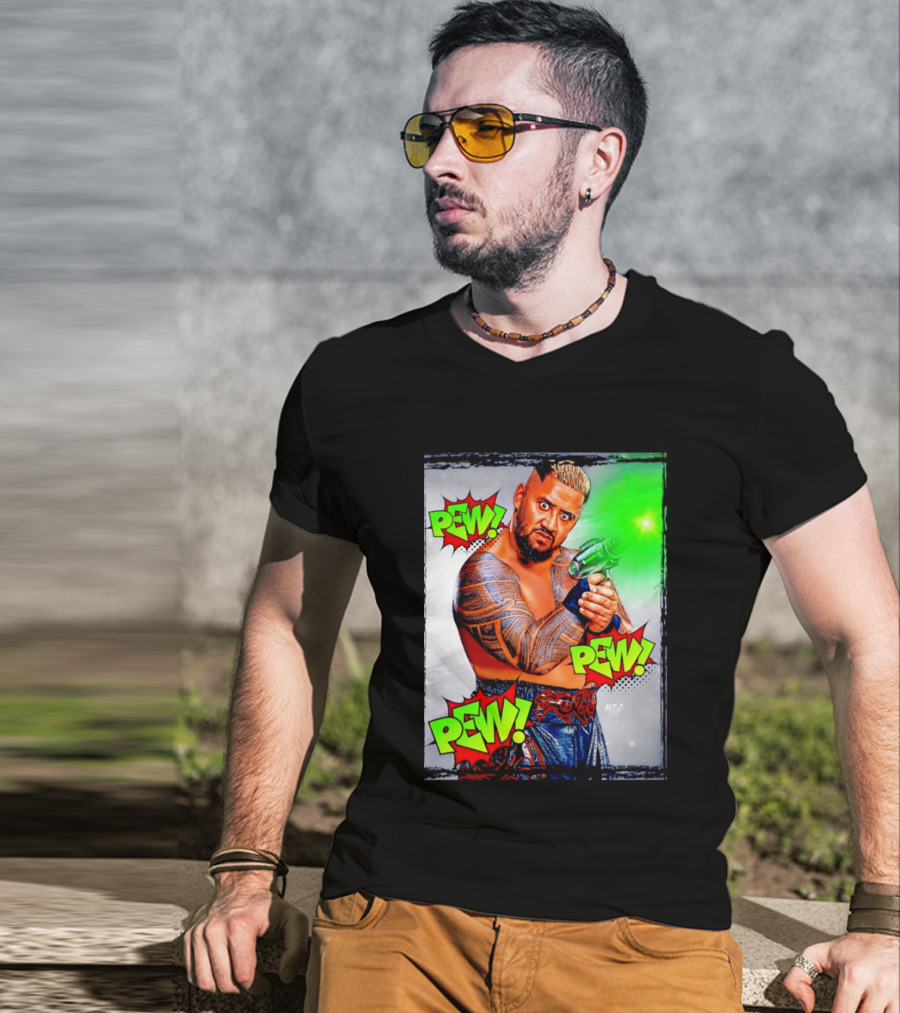 Solo Sikoa Pew Pew Pew WWE Wrestling Comic Style Laser Gun Action T-Shirt