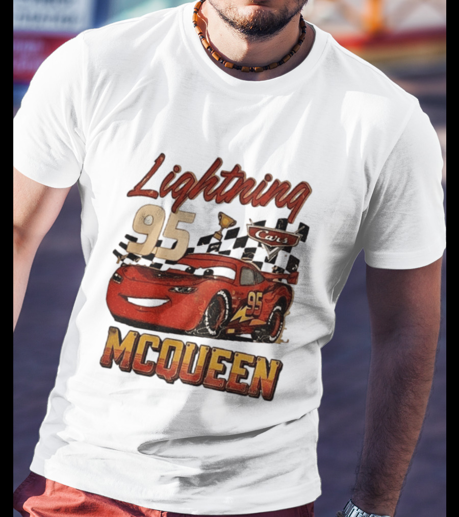 Lightning McQueen 95 Cars Trophy Checkered Flags Disney Pixar T-Shirt