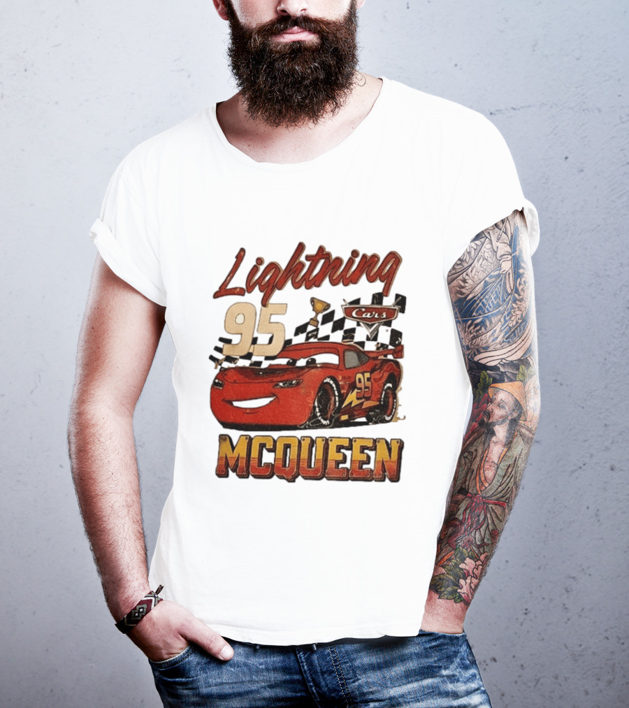Lightning McQueen 95 Cars Trophy Checkered Flags Disney Pixar T-Shirt