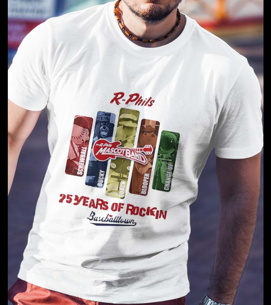 R Phils Mascot Band Screwball Bucky Quack Blooper Change Up 25 Years Of Rockin Baseballtown T-Shirt