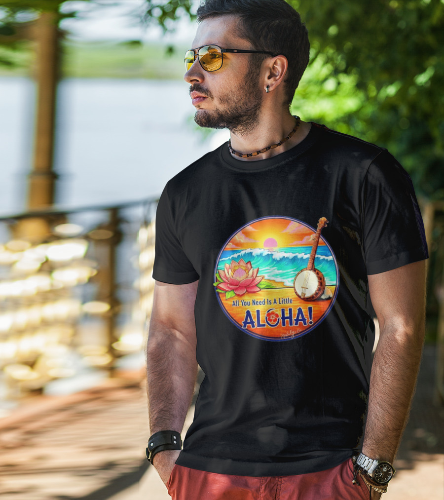 All You Need Is A Little Aloha Lotus Flower Sunset Ocean Banjo T-Shirt