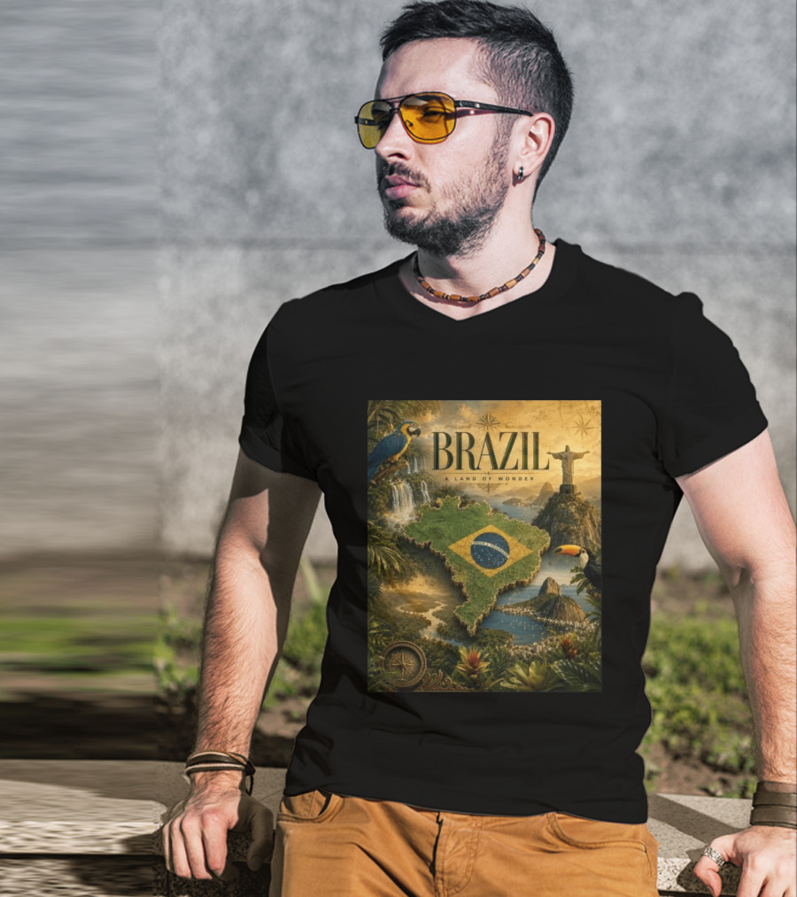Brazil A Land Of Wonder Ordem E Progresso Christ The Redeemer Amazon Rainforest Toucan Macaw Waterfalls T-Shirt