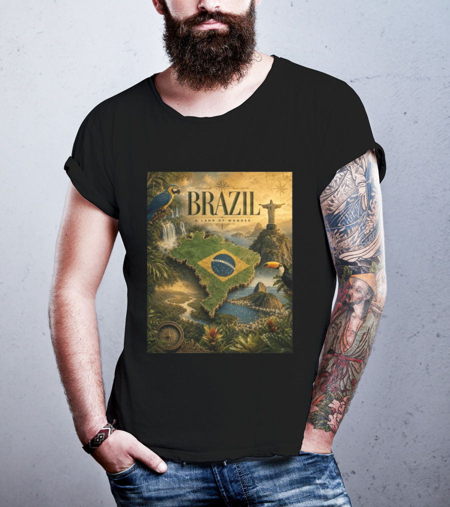 Brazil A Land Of Wonder Ordem E Progresso Christ The Redeemer Amazon Rainforest Toucan Macaw Waterfalls T-Shirt