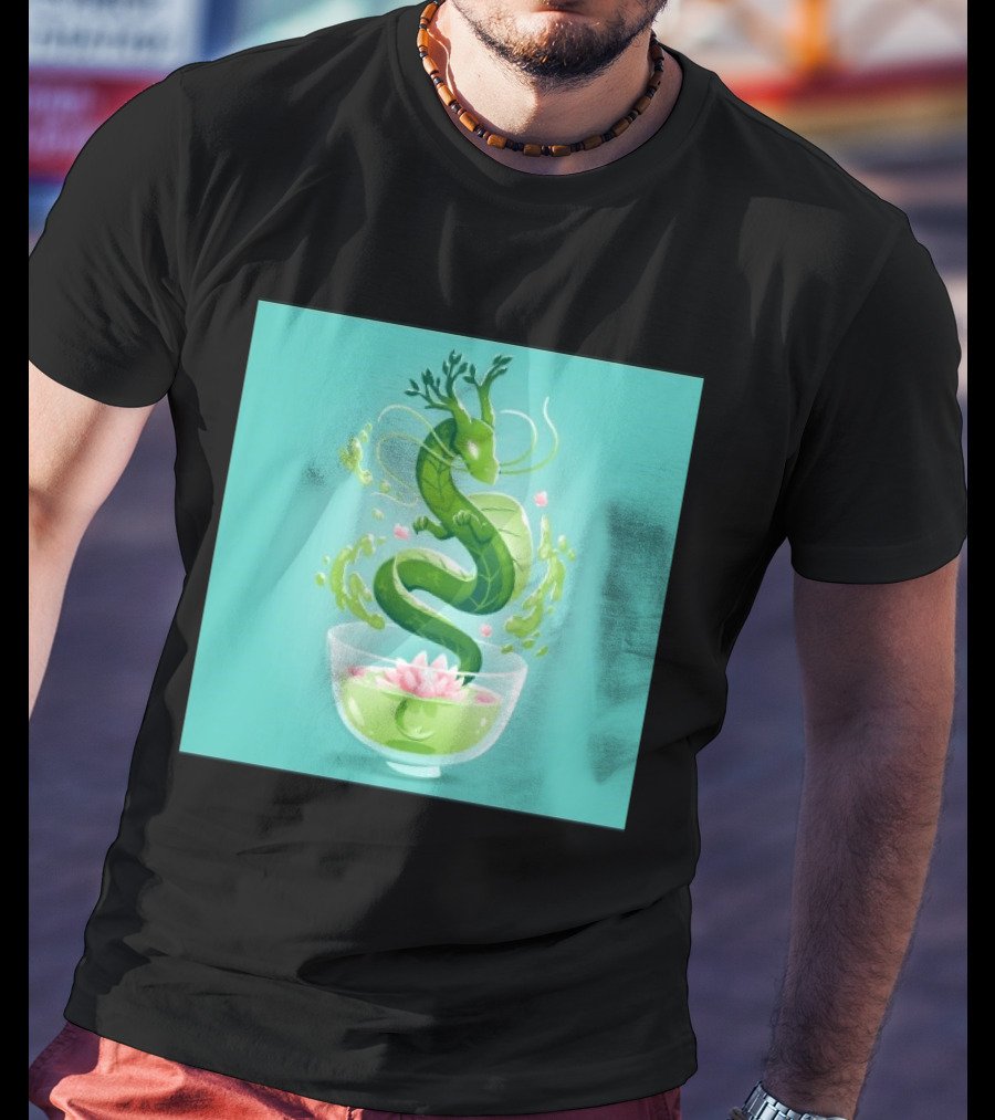 Green Tea Dragon In Teacup With Blossoms And Leaves T-Shirt