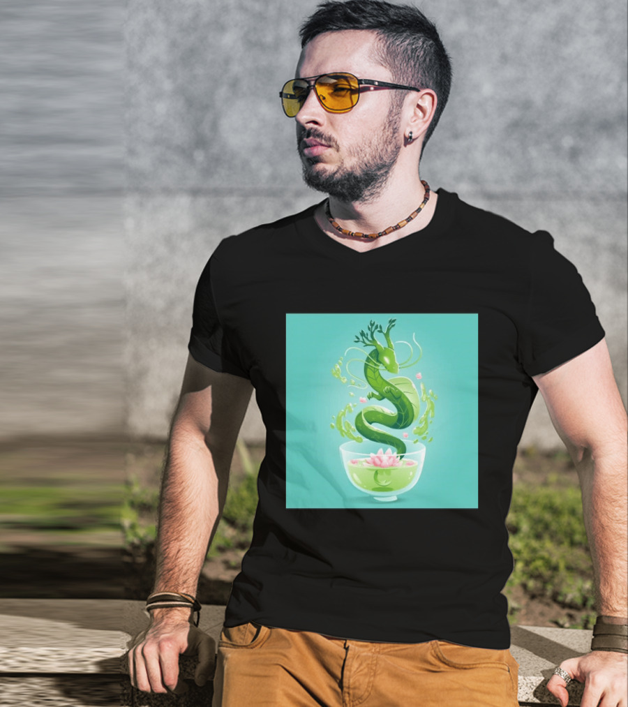 Green Tea Dragon In Teacup With Blossoms And Leaves T-Shirt