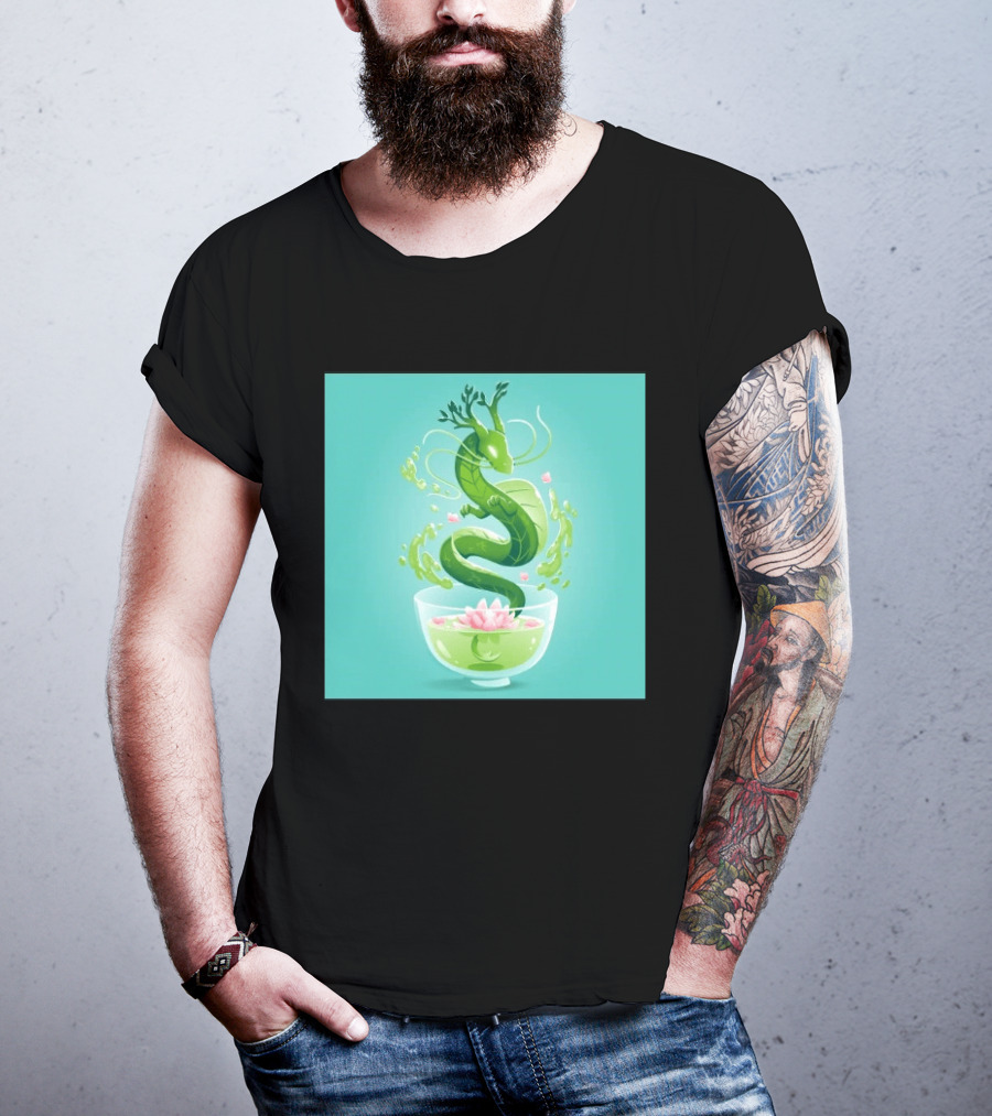 Green Tea Dragon In Teacup With Blossoms And Leaves T-Shirt