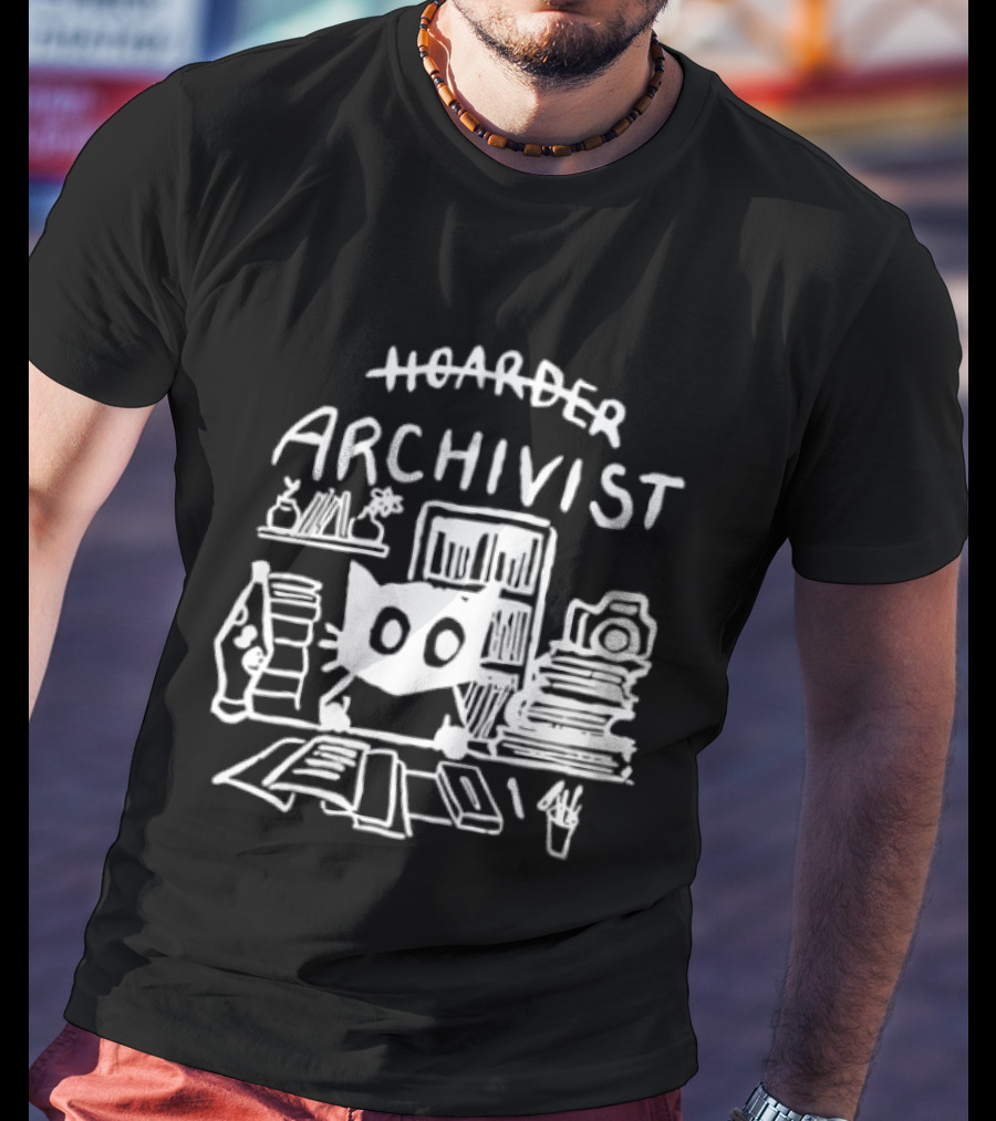 Hoarder Archivist Cat Surrounded By Books And Files T-Shirt