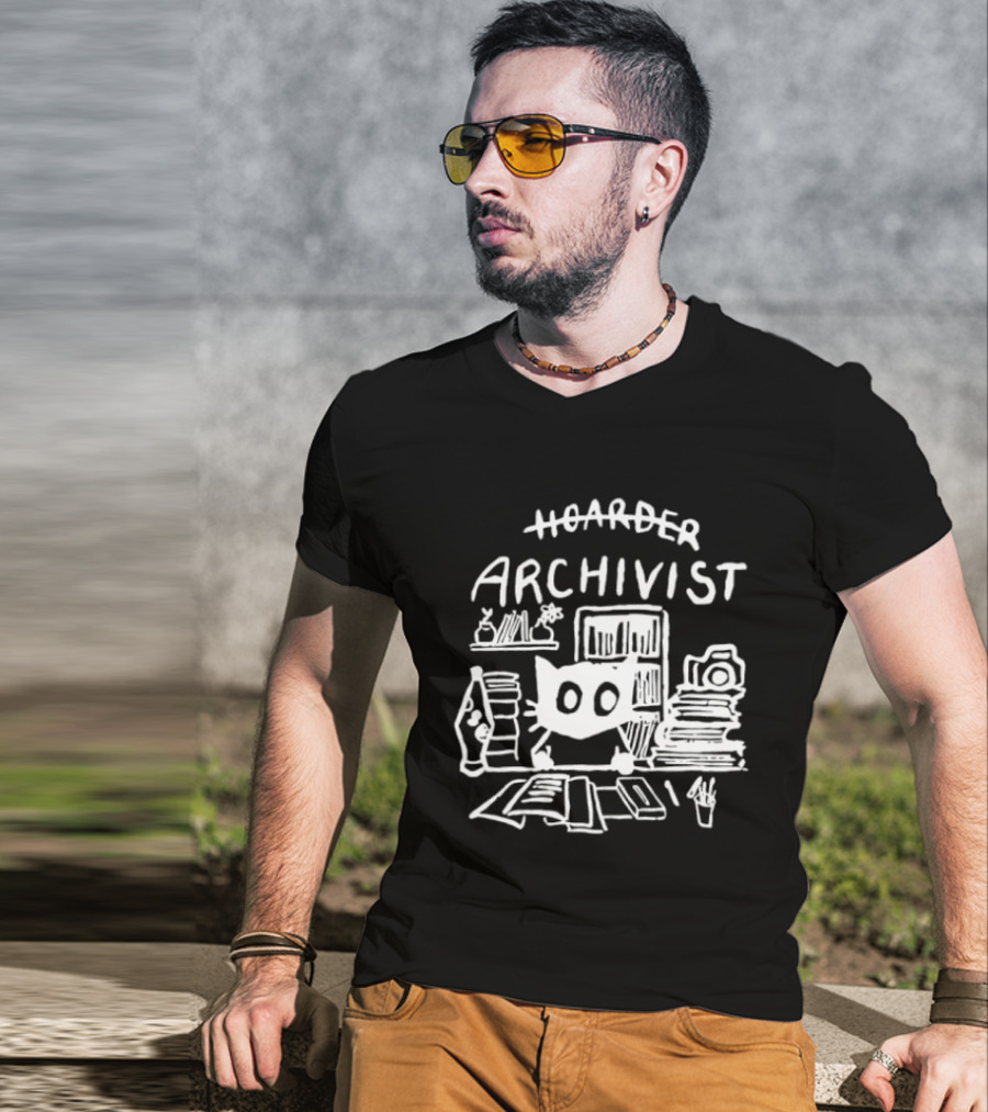 Hoarder Archivist Cat Surrounded By Books And Files T-Shirt