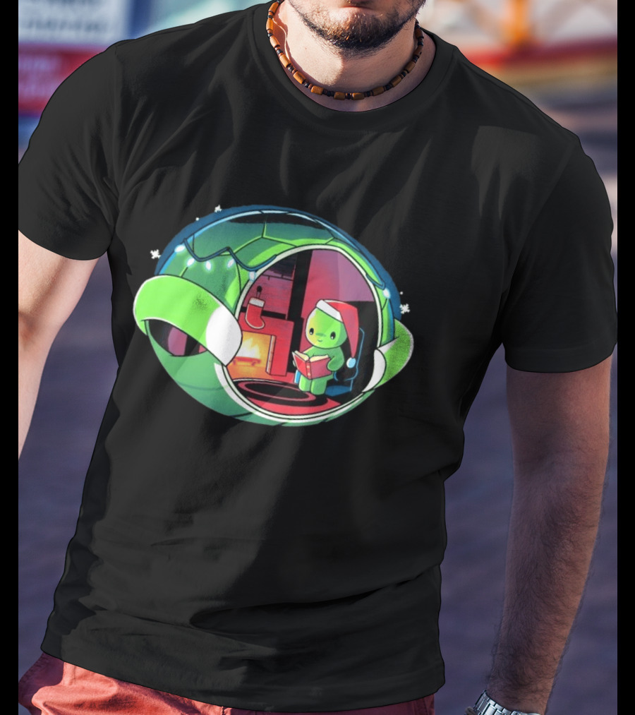 Christmas Turtle Cozy Holiday Scene With Santa Hat And Fireplace T-Shirt