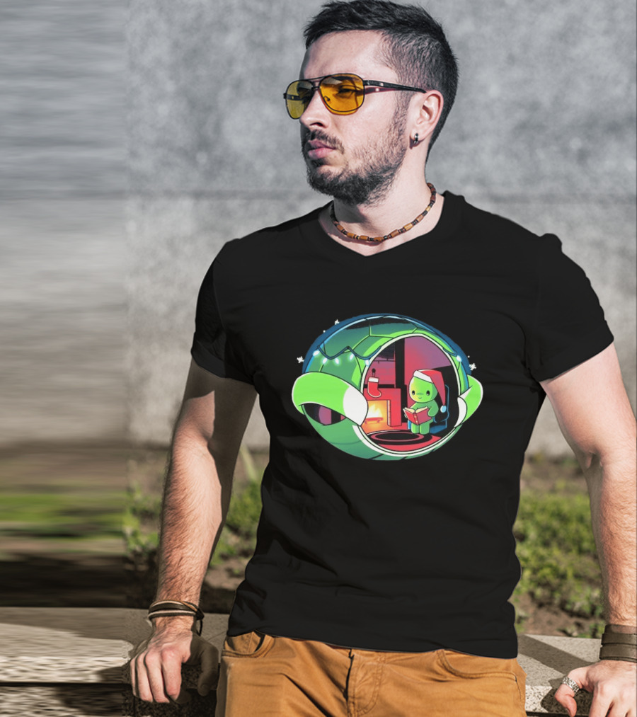 Christmas Turtle Cozy Holiday Scene With Santa Hat And Fireplace T-Shirt