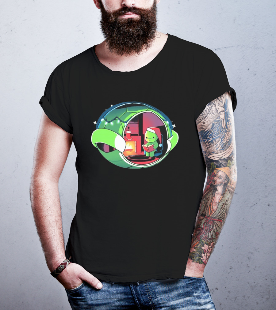 Christmas Turtle Cozy Holiday Scene With Santa Hat And Fireplace T-Shirt