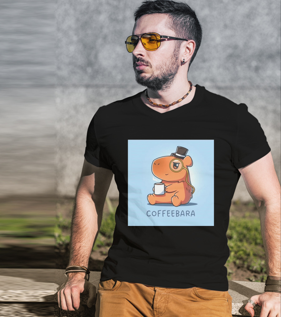 COFFEEBARA Cute Capybara Drinking Coffee With Top Hat And Monocle T-Shirt