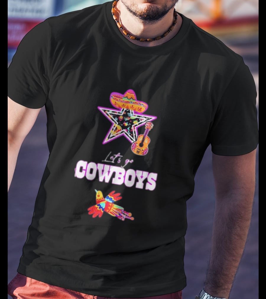 Let's Go Cowboys Mexican Folk Sombrero Star Guitar Bird T-Shirt