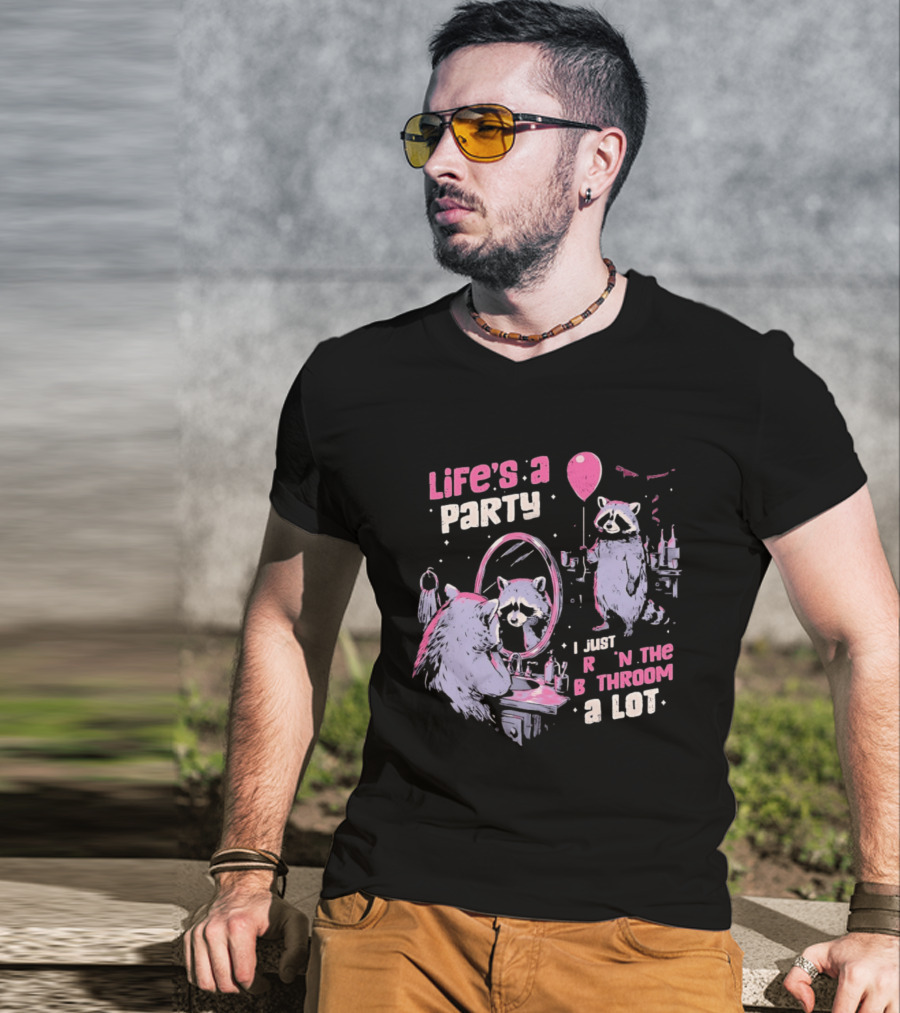 Raccoon Life's A Party I Just Cry In The Bathroom A Lot Balloon Mirror Reflection T-Shirt