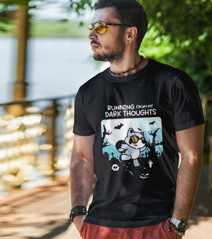 Raccoon Running From My Dark Thoughts Moonlight Bats And Graveyard Scene T-Shirt