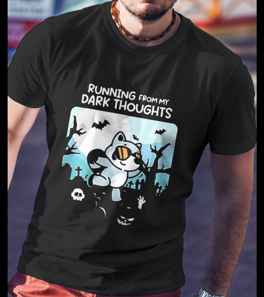 Raccoon Running From My Dark Thoughts Moonlight Bats And Graveyard Scene T-Shirt