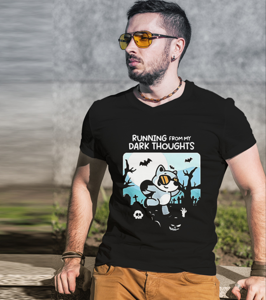 Raccoon Running From My Dark Thoughts Moonlight Bats And Graveyard Scene T-Shirt