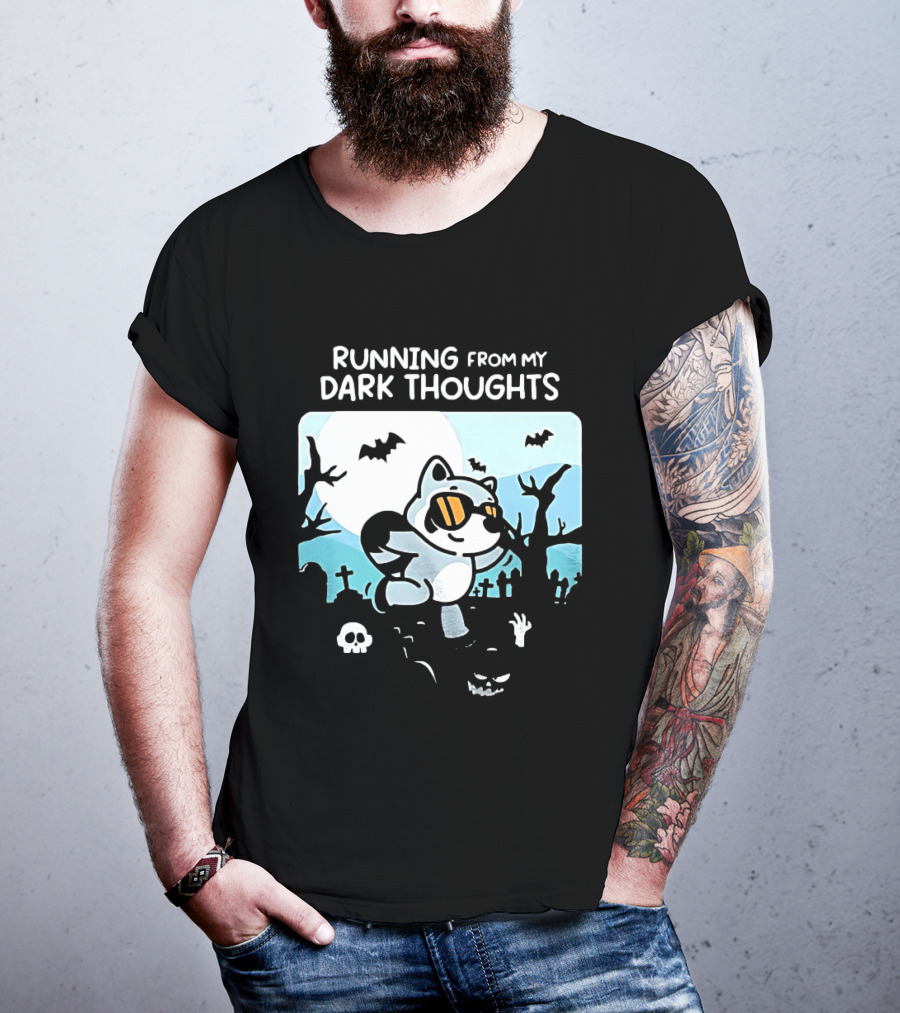 Raccoon Running From My Dark Thoughts Moonlight Bats And Graveyard Scene T-Shirt