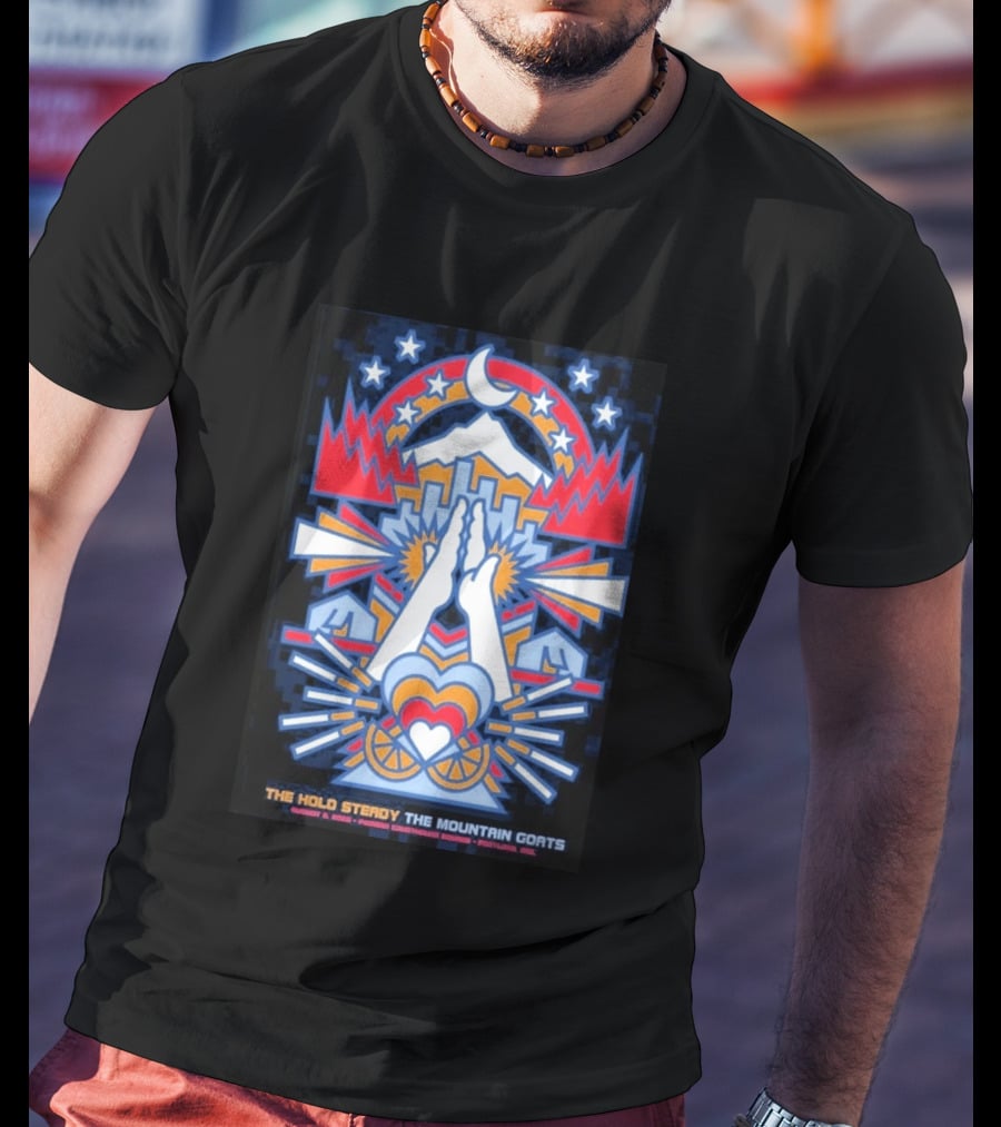 The Hold Steady The Mountain Goats Pioneer Courthouse Square Portland August 8 2026 Concert Tour Skyline Heart Hands Stars Moon Mountains T-Shirt