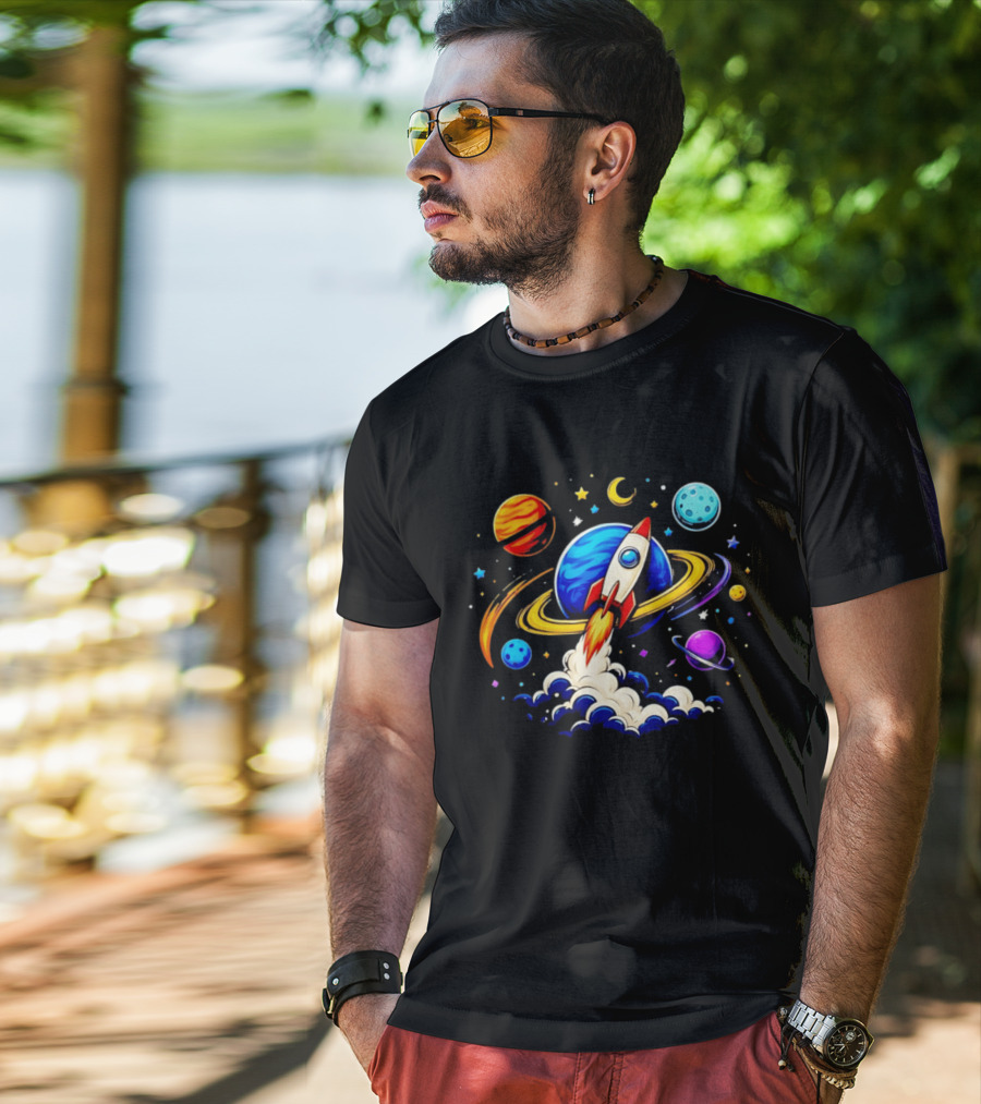 Space Rocket Launch With Vibrant Orbiting Planets And Stars T-Shirt