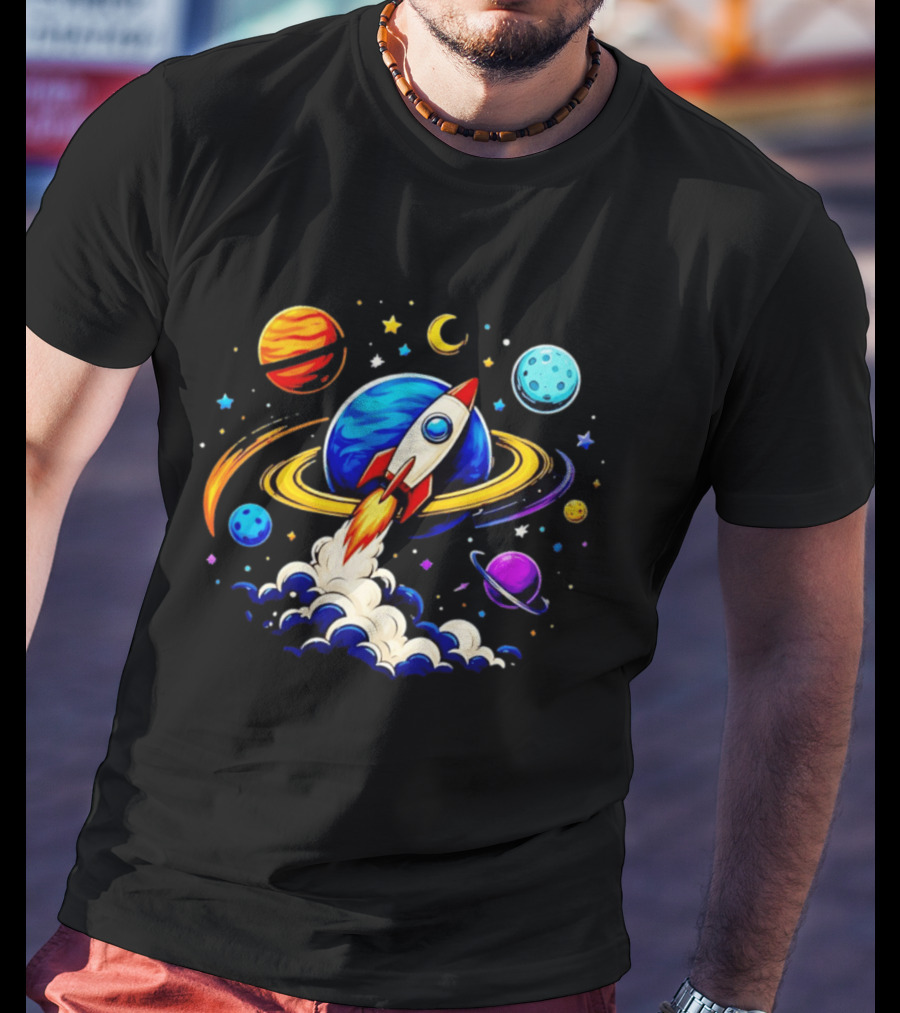Space Rocket Launch With Vibrant Orbiting Planets And Stars T-Shirt