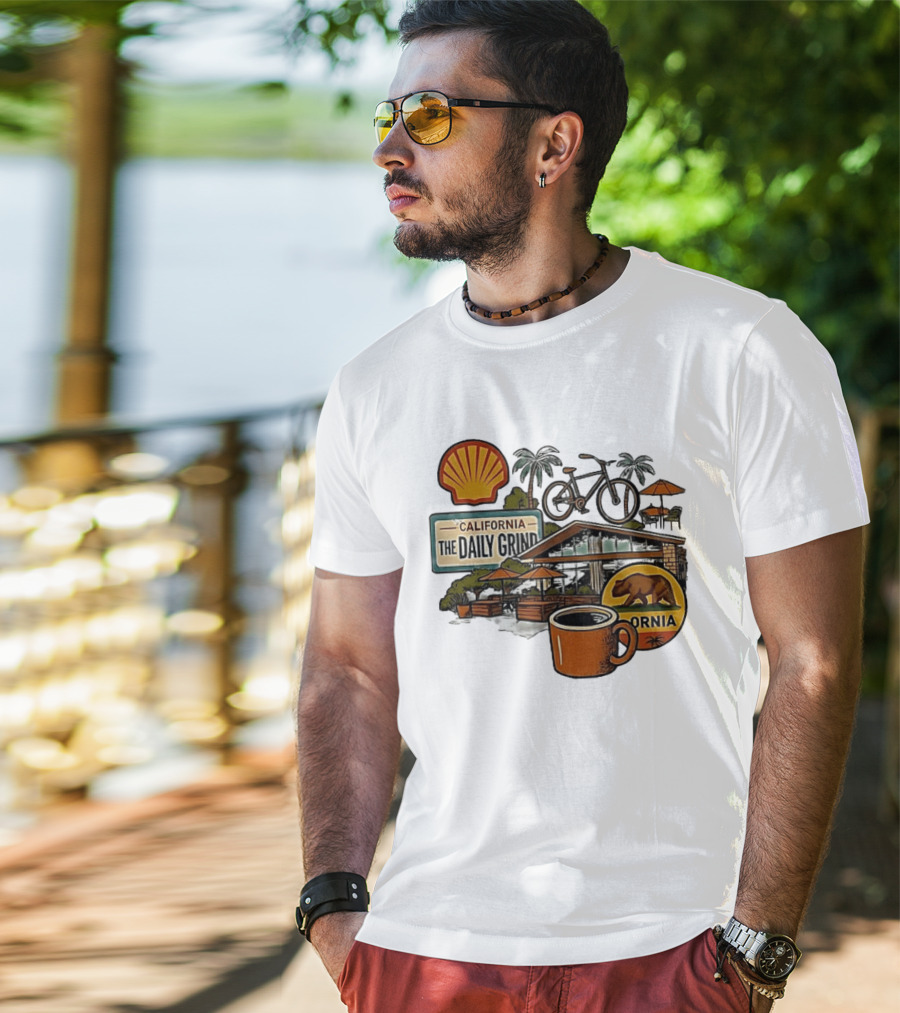 California The Daily Grind Shell Coffee Bear Bike Palms T-Shirt