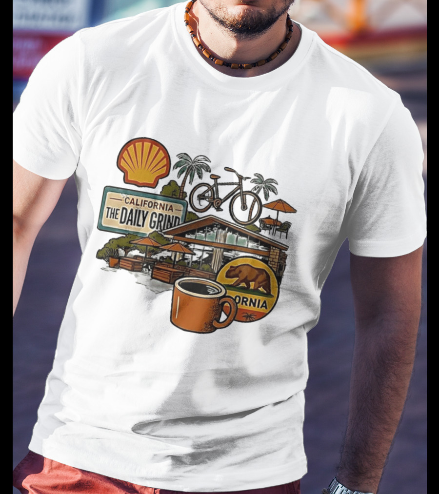 California The Daily Grind Shell Coffee Bear Bike Palms T-Shirt